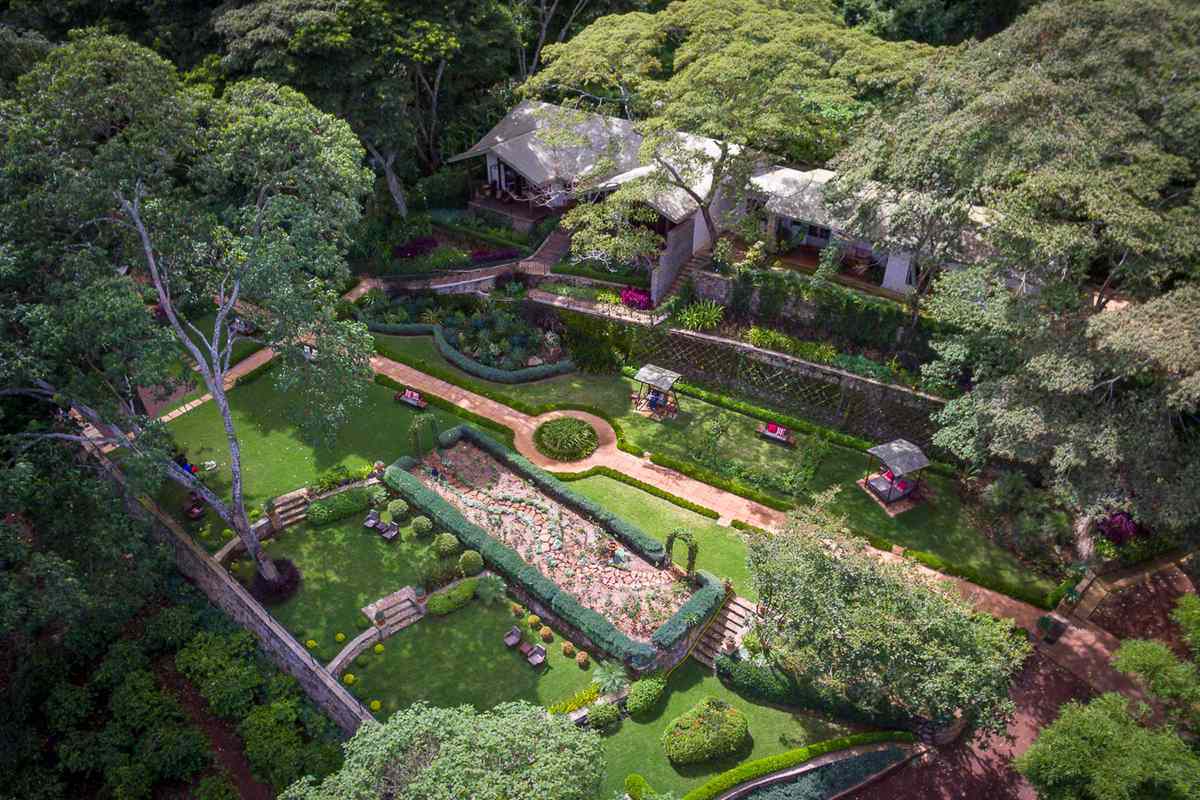 Aerial view of a cottage house at Gibb's Farm, voted one of the best hotels in the world