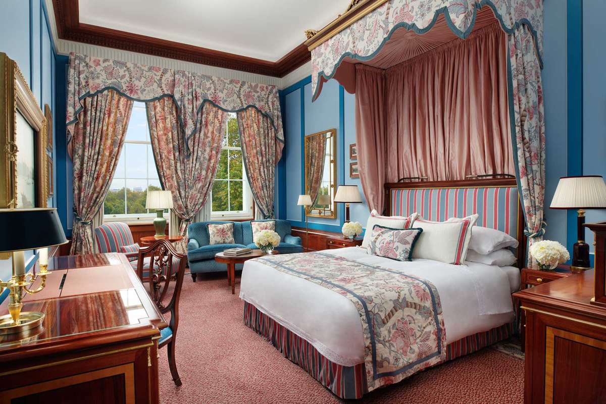 A pink and rose guest room at The Lanesborough, London, voted one of the best hotels in the world