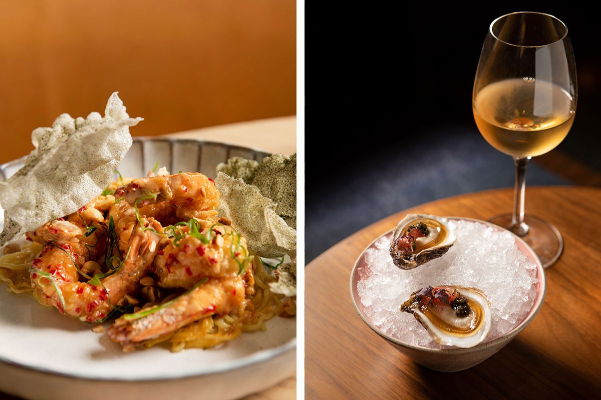 Left: shrimp and fish skin; Right: oysters and wine