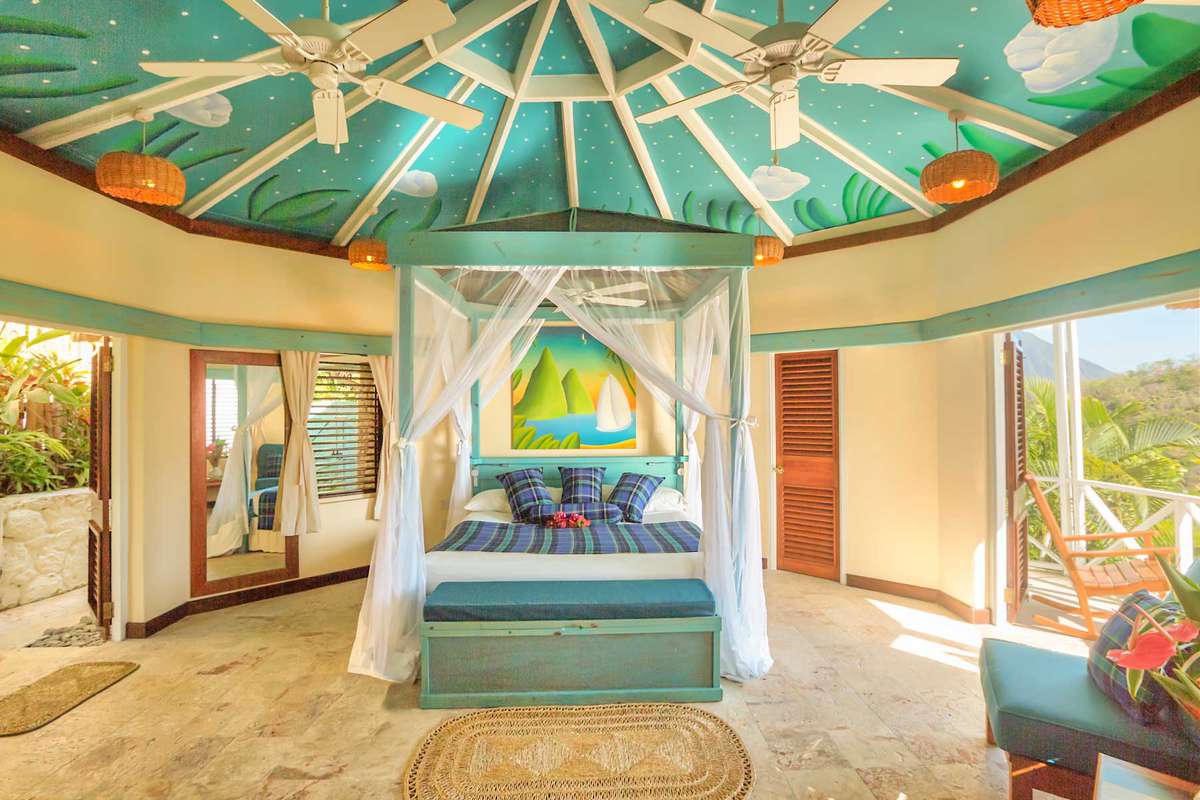 A colorful guest room at Anse Chastanet Resort, voted one of the best resorts in the Caribbean