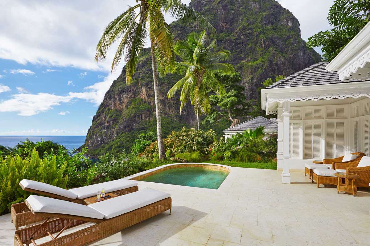 A pool deck at Sugar Beach, a Viceroy Resort, voted one of the best resorts in the Caribbean