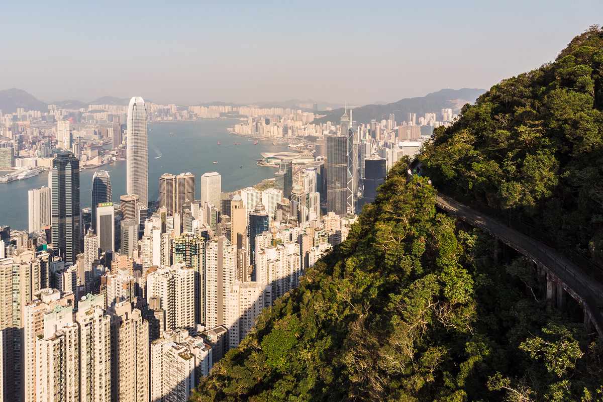 Aerial view of the famous Lugard Road viewpoint on Victoria Peak in Hong Kong island, Hong Kong SAR in China