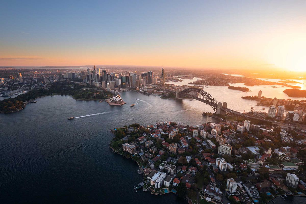 Aerial view of the harbor and skyline, Sydney, Australia
