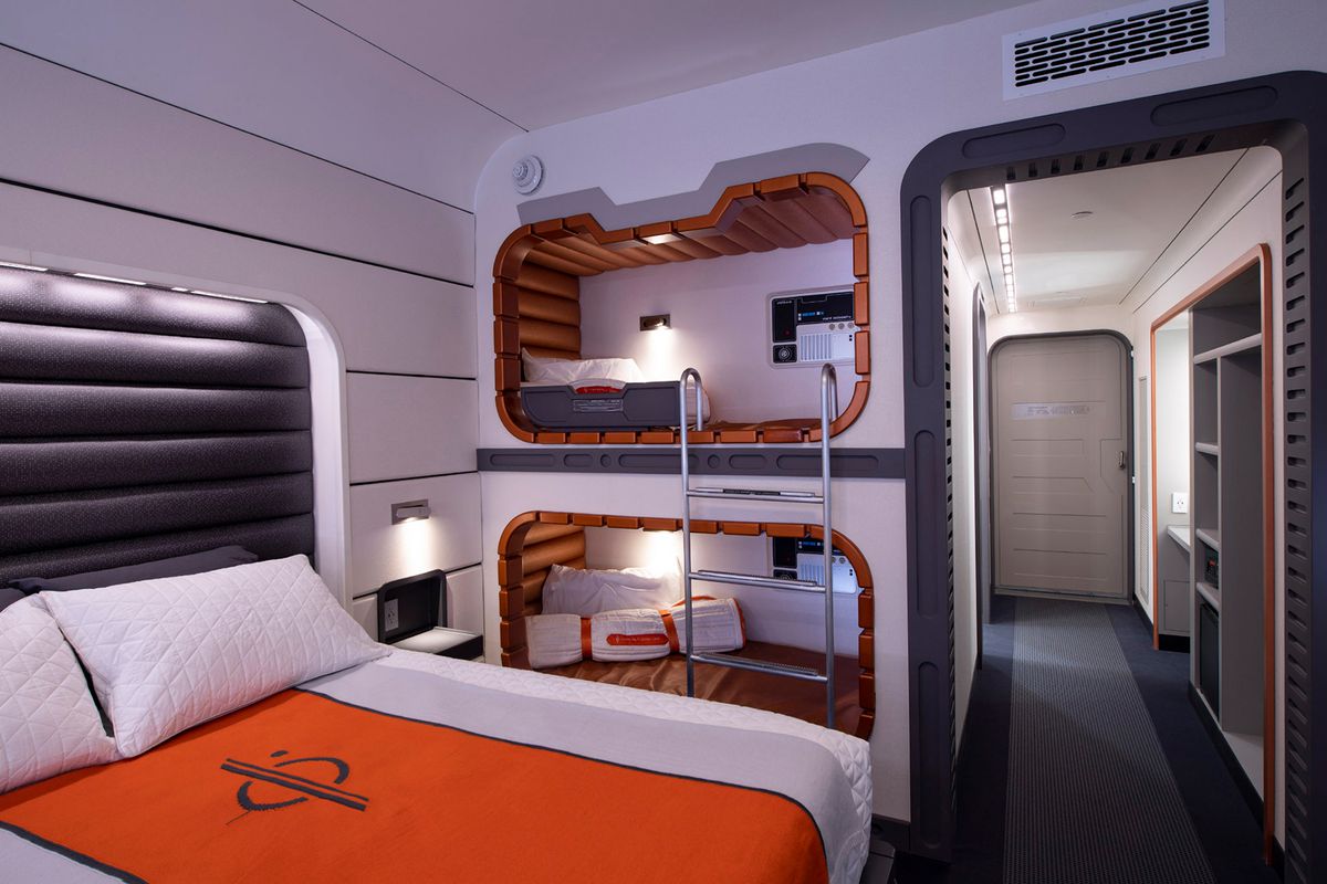 This mock-up of a starship cabin shows the well-appointed accommodations guests will experience during their stay at Star Wars: Galactic Starcruiser at Walt Disney World Resort