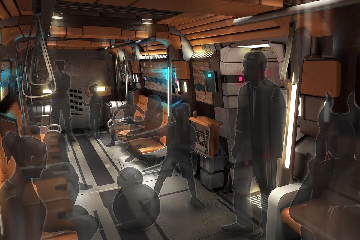 This artist concept rendering shows the transports that will take guests from Star Wars: Galactic Starcruiser at Walt Disney World Resort in Lake Buena Vista, Fla.