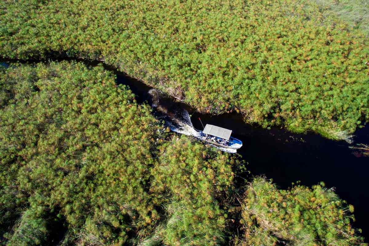 Aerial view of a boat along a river in Botswana, surrounded by lush greenery, on an outing with andBeyond, voted one of the best safari outfitters in the world