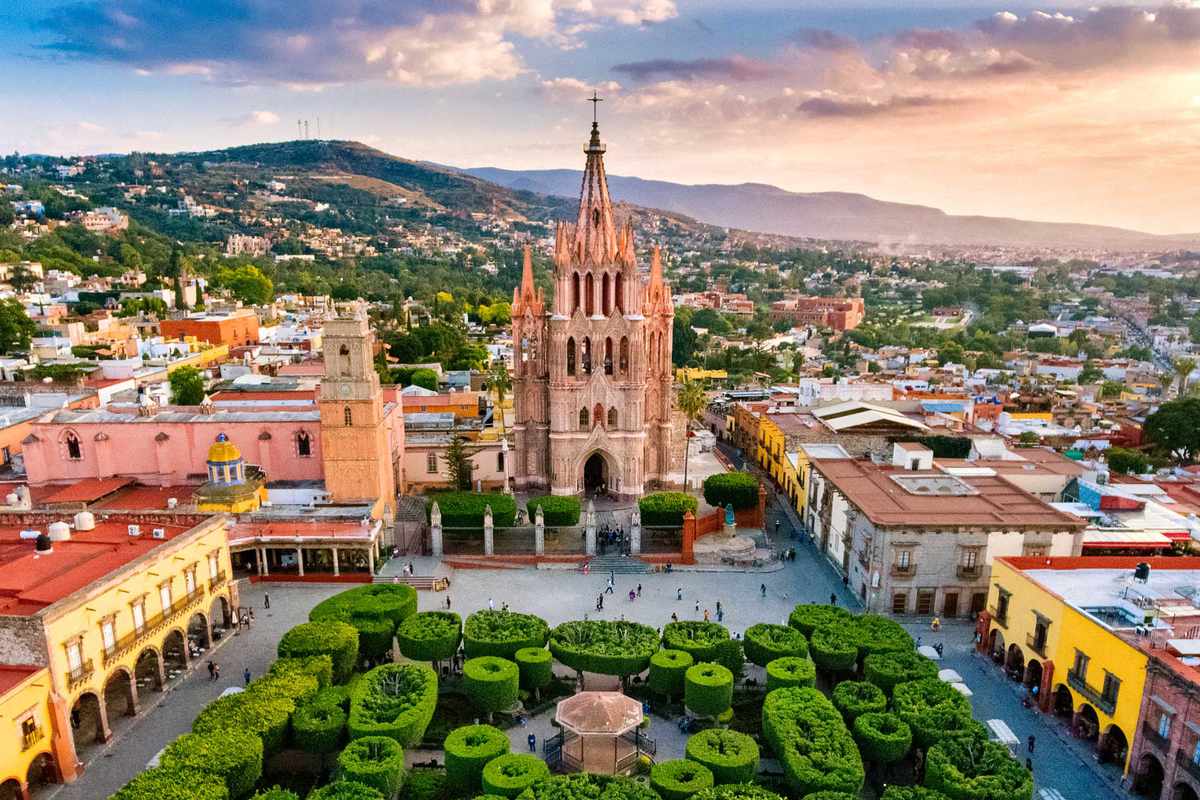 Aerial view of gardens and church in San Miguel de Allende, Mexico, voted the best city in the world