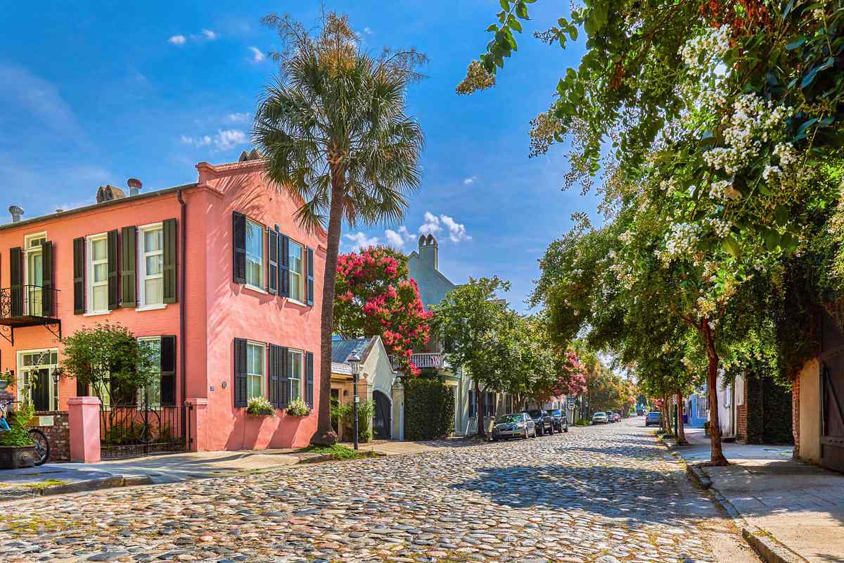 Colorful houses and palm trees in Charleston, South Carolina, voted one of the best cities in the world