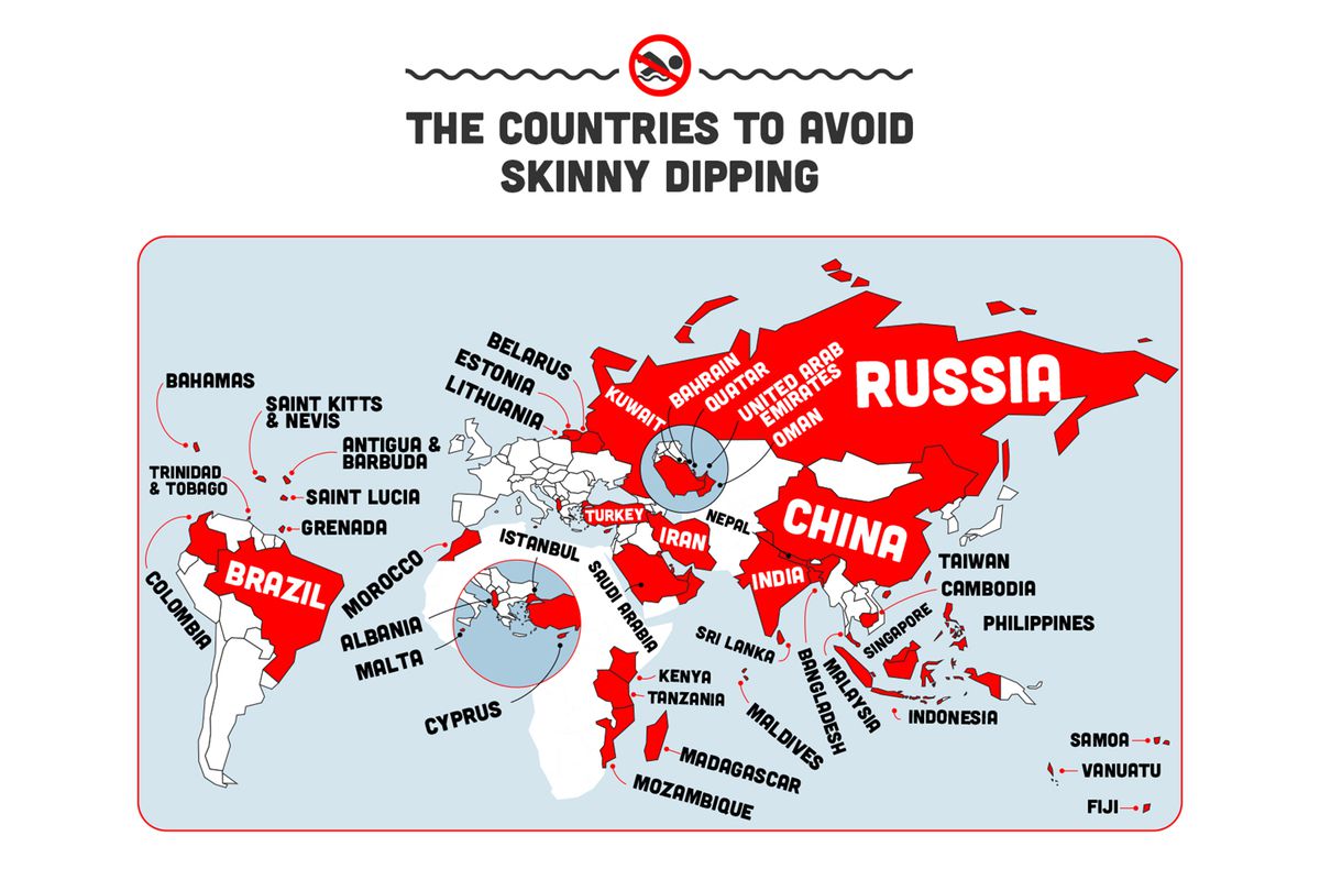 Countries not to skinny dip in map by Outforia
