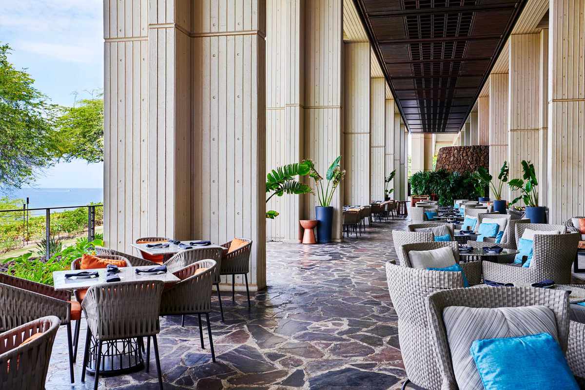 A terrace dining area at the Mauna Kea hotel, voted one of the best resorts and hotels in Hawaii