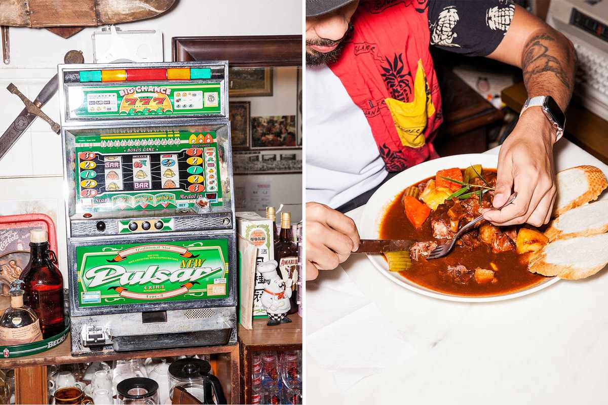 Scenes from British Hainan restaurant in Singapore, showing a slot machine and an oxtail stew