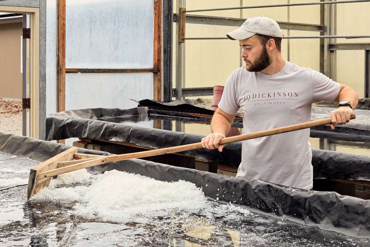 A staff member processing salt at the JQ Dickinson Salt Works, in West Virginia