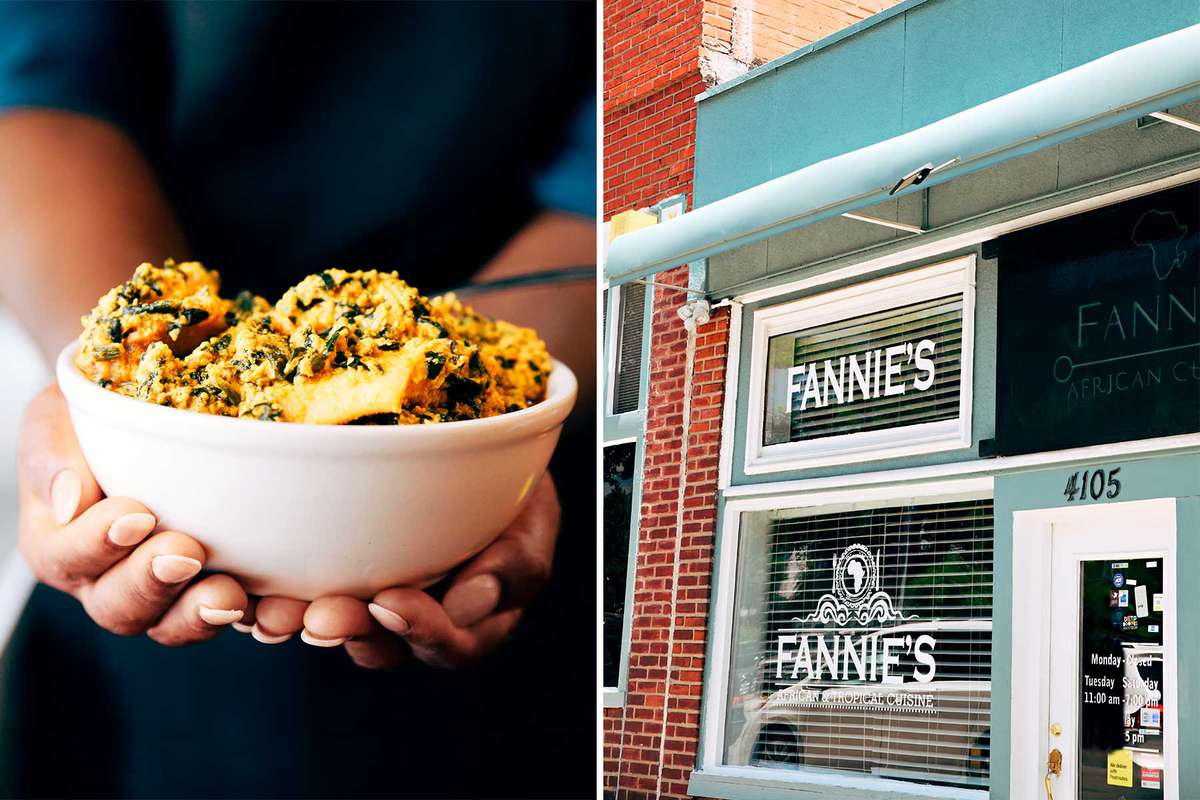 From left: Egusi soup, a Nigerian staple made with ground melon seeds and greens, at Fannie’s African & Tropical Cuisine; the entrance to Fannie’s, a South Hyde Park favorite for traditional pan-African food.