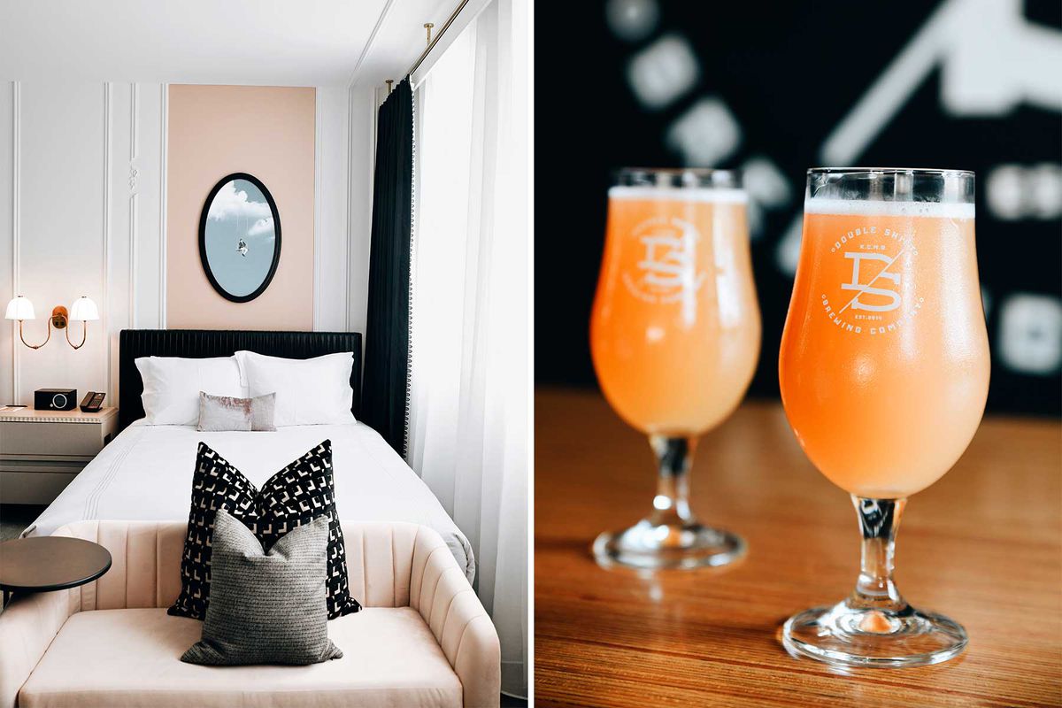 Scenes from Kansas City, including a pink and black hotel guest room and two glasses of sour ale