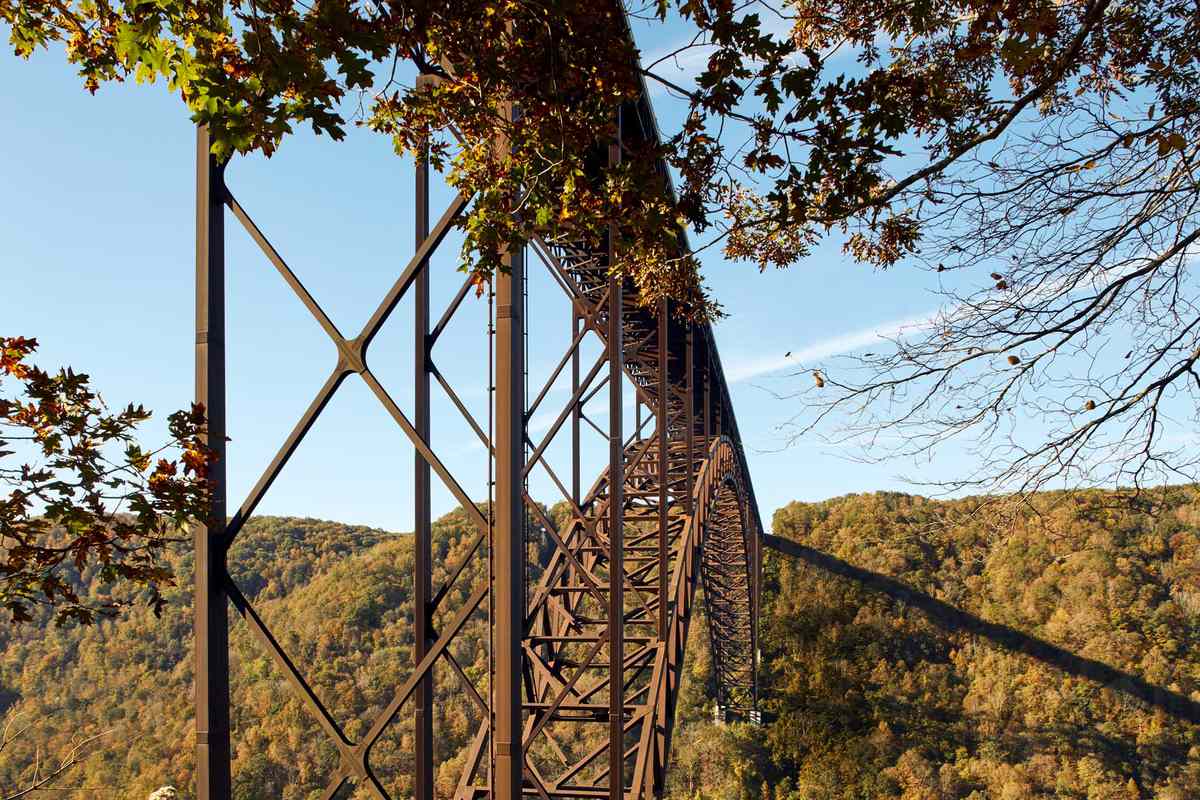 Low angle view of the New River Gorge Bridge in West Virginia, in autumn