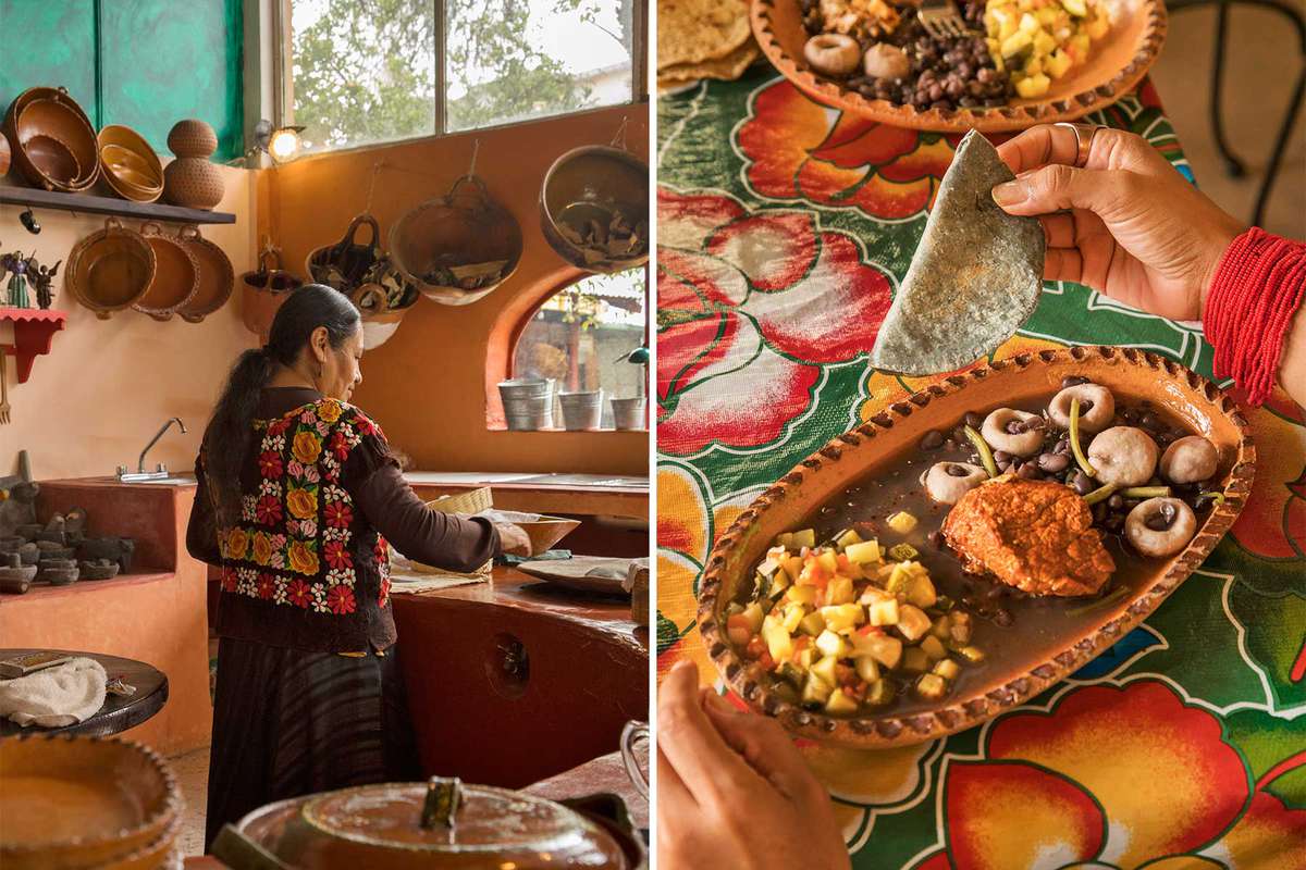 Two photos show Raquel Torres Cerdán in her Xalapa kitchen and a detail of her dish of pork ribs with chipotle-garlic adobo, vegetables, and stewed black beans