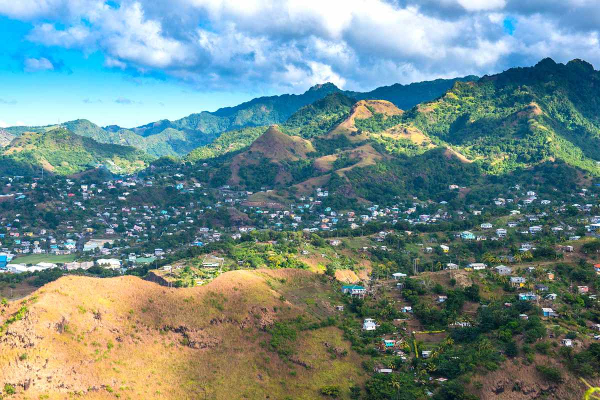 View of houses dotting a hillside in St Vincent, St Vincent & The Grenadines