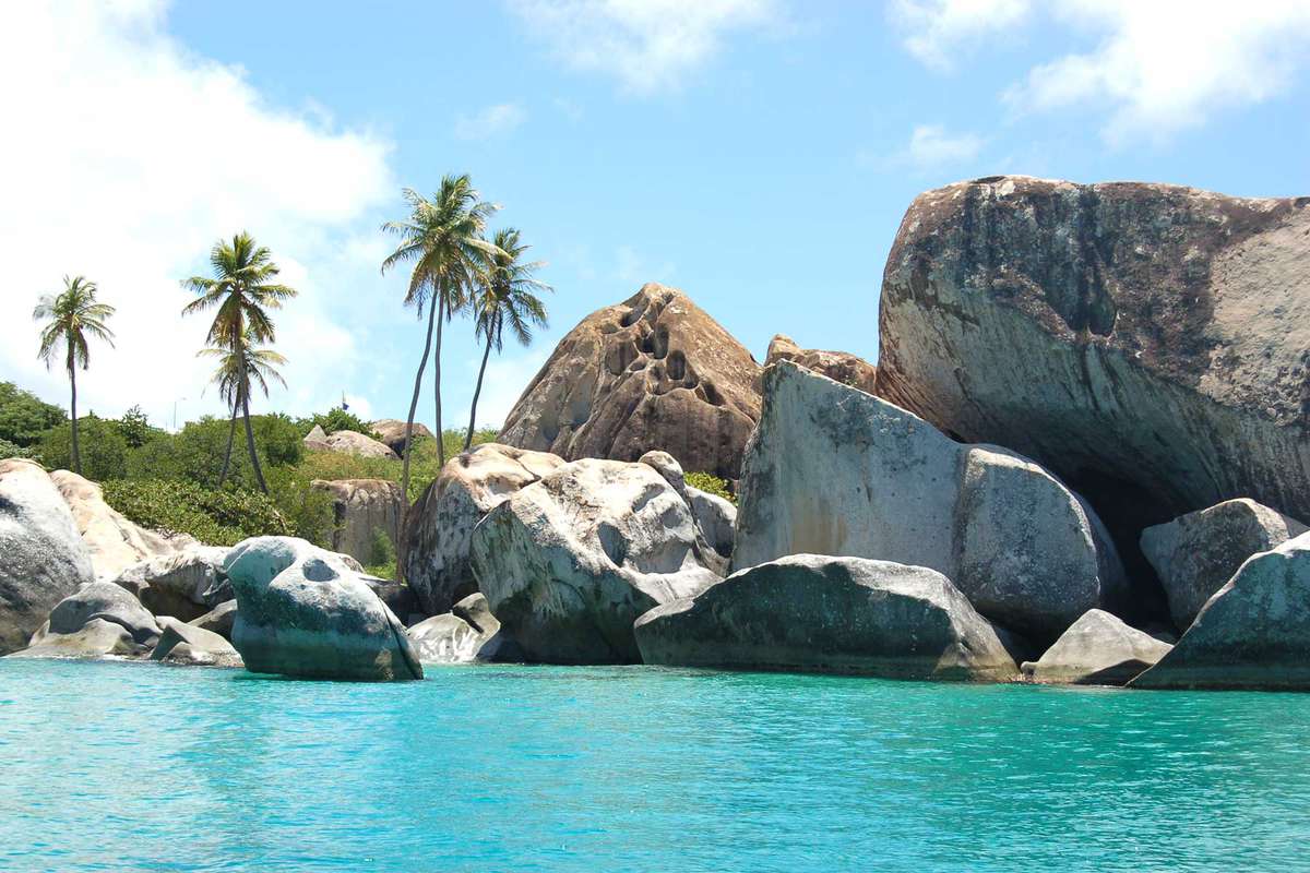 Boulders and blue water at The Baths, in Virgin Gorda