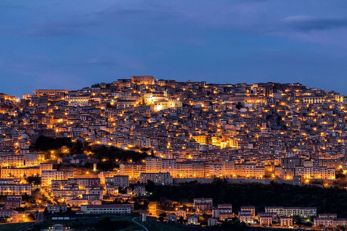 Gangi Town Panorama at twilight in Sicily Italy