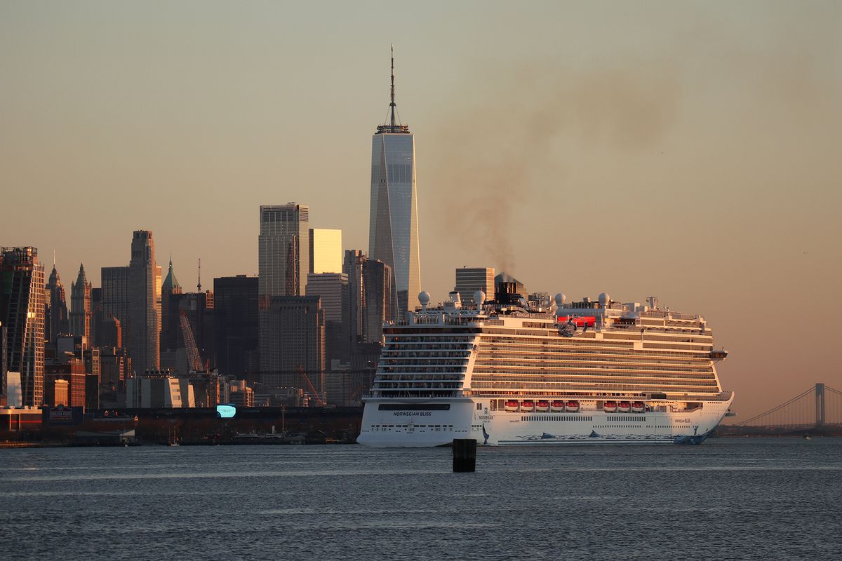 The Norwegian Bliss cruise ship sails in the Hudson River