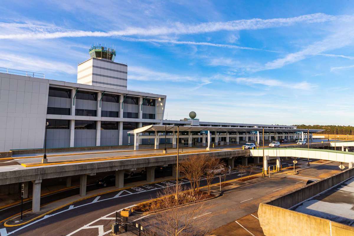 Jackson-Medgar Wiley Evers International Airport exterior with no cars or people
