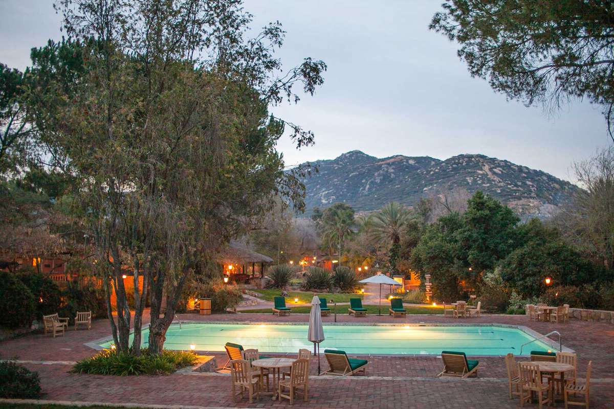 Rancho La Puerta pool in the evening and view of the mountain