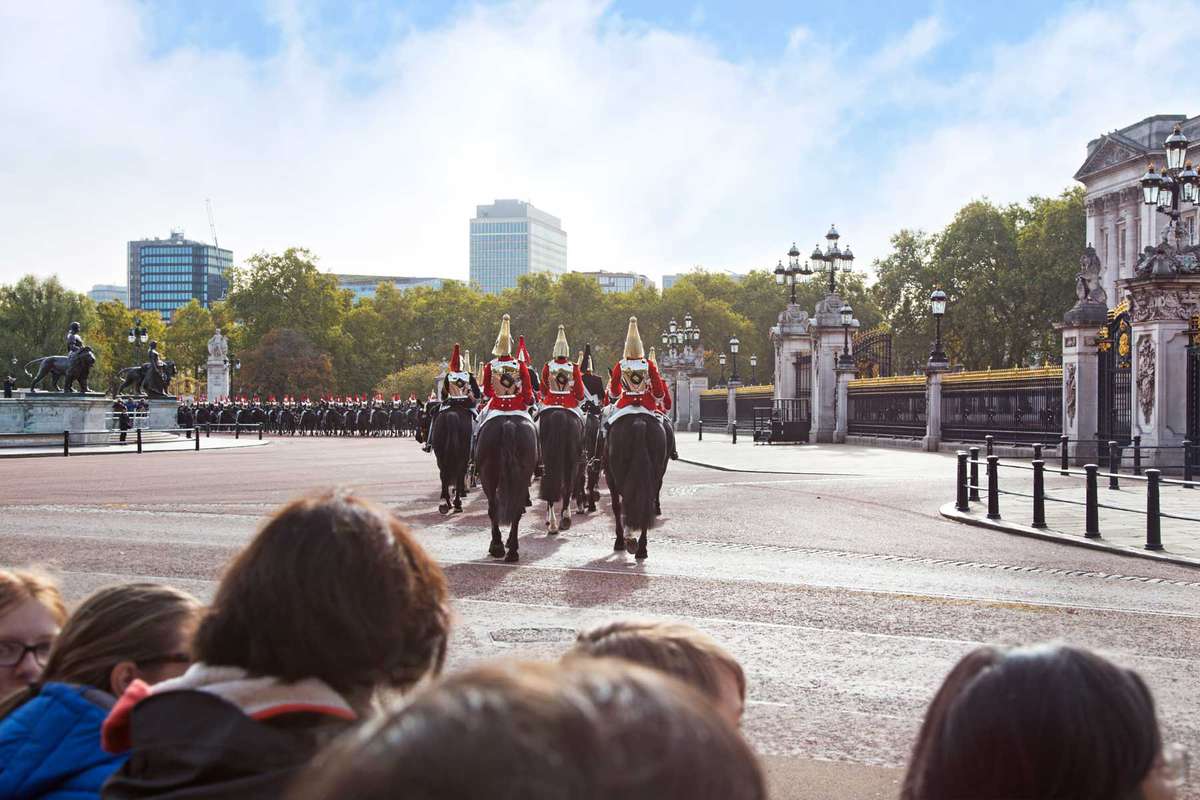 The guards of the Buckingham Palace during the traditional Changing of the Guard ceremony London United Kingdom.