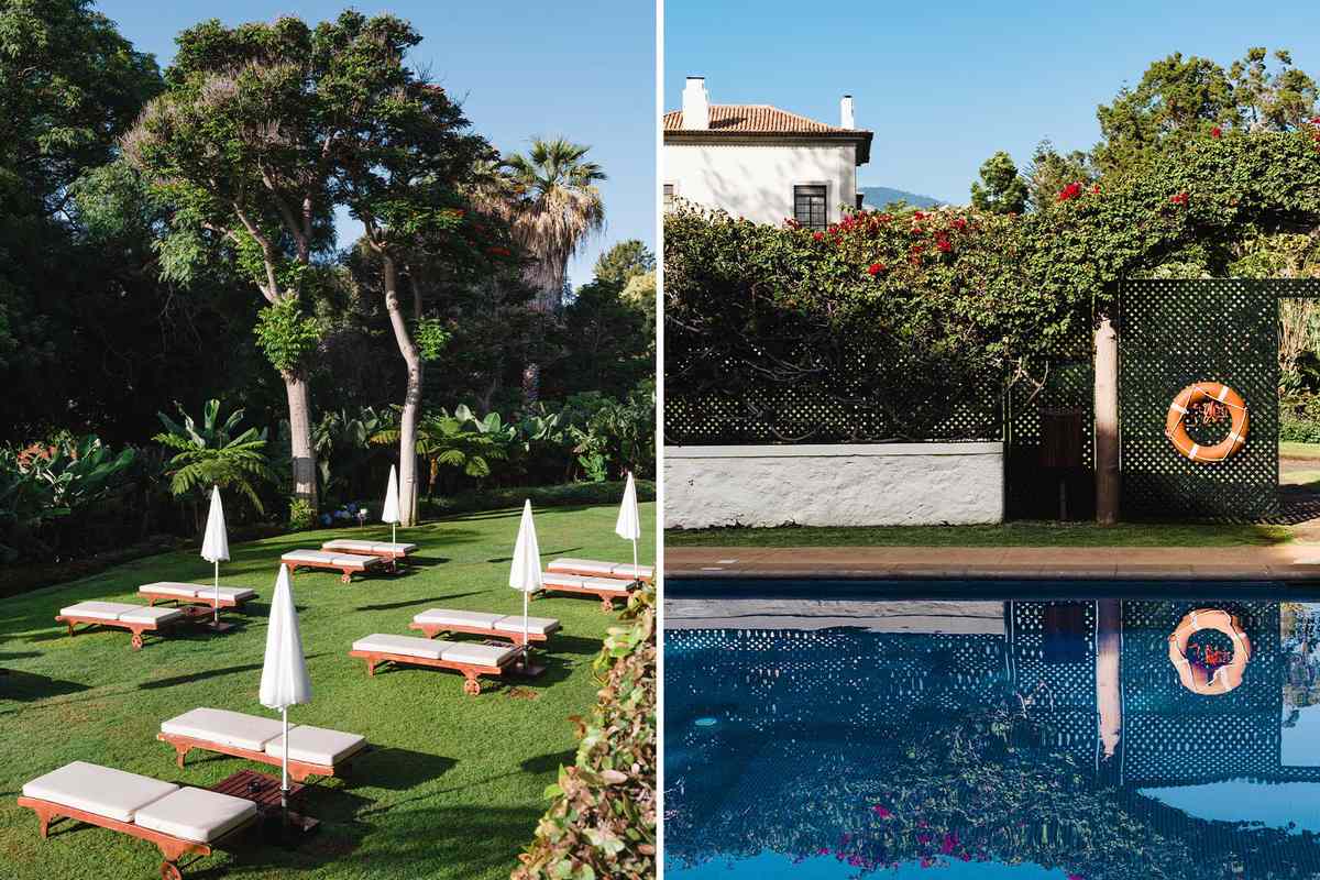 Two photos showing the gardens, with lounge chairs, and the pool, at Quinta da Casa Branca in Madeira