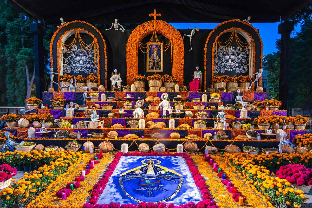 This is a a Day of the Dead altar at a public shrine in the historic city center of Oaxaca, Mexico.
