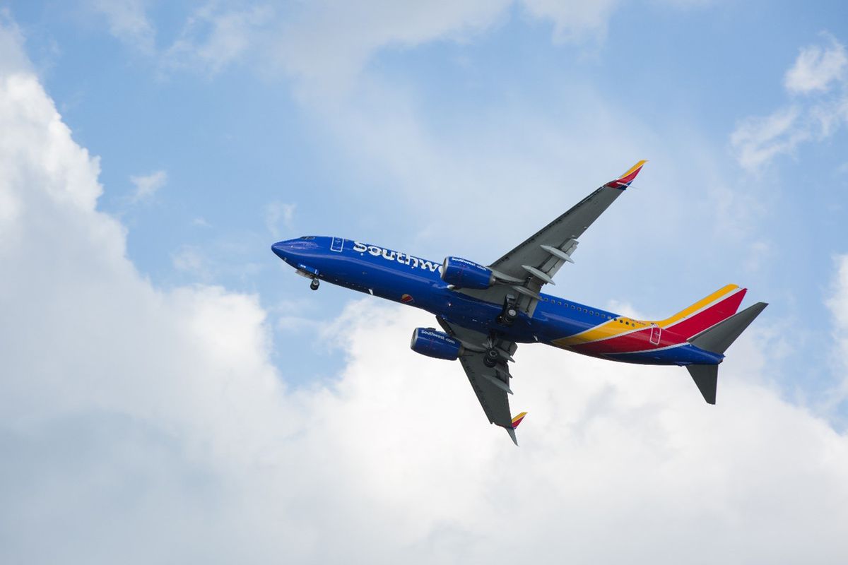 Exterior of a Southwest Airlines plane flying