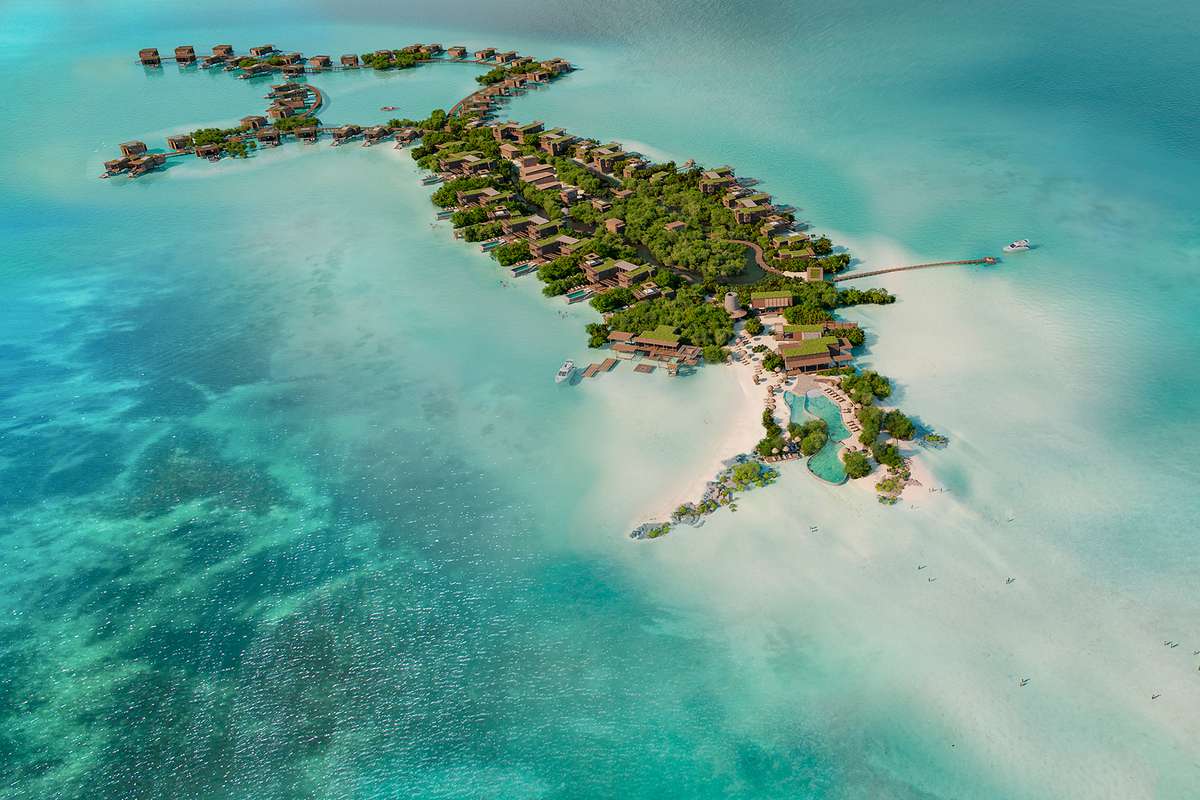 Aerial view of the resort and residences that will be set across a serene private island and a sun-drenched stretch of Secret Beach.
