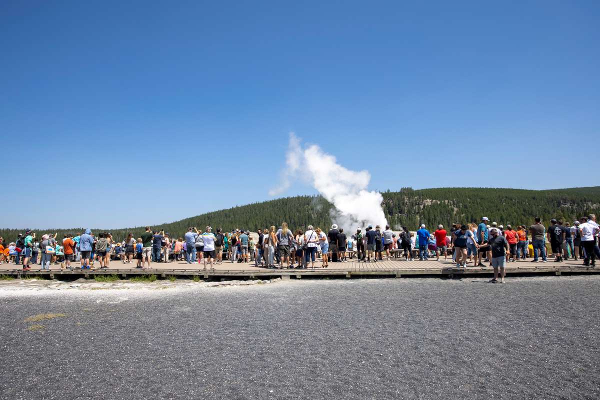 Hundreds of tourists gather on a boardwalk to watch Old Faithful Geyser erupt on July 14, 2021 at Yellowstone National Park, Wyoming.