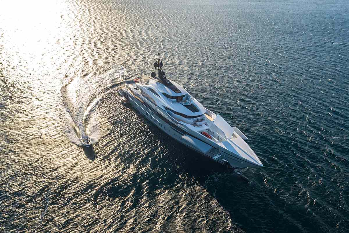 Aerial view of the superyacht Tatina by IYC with a jetski