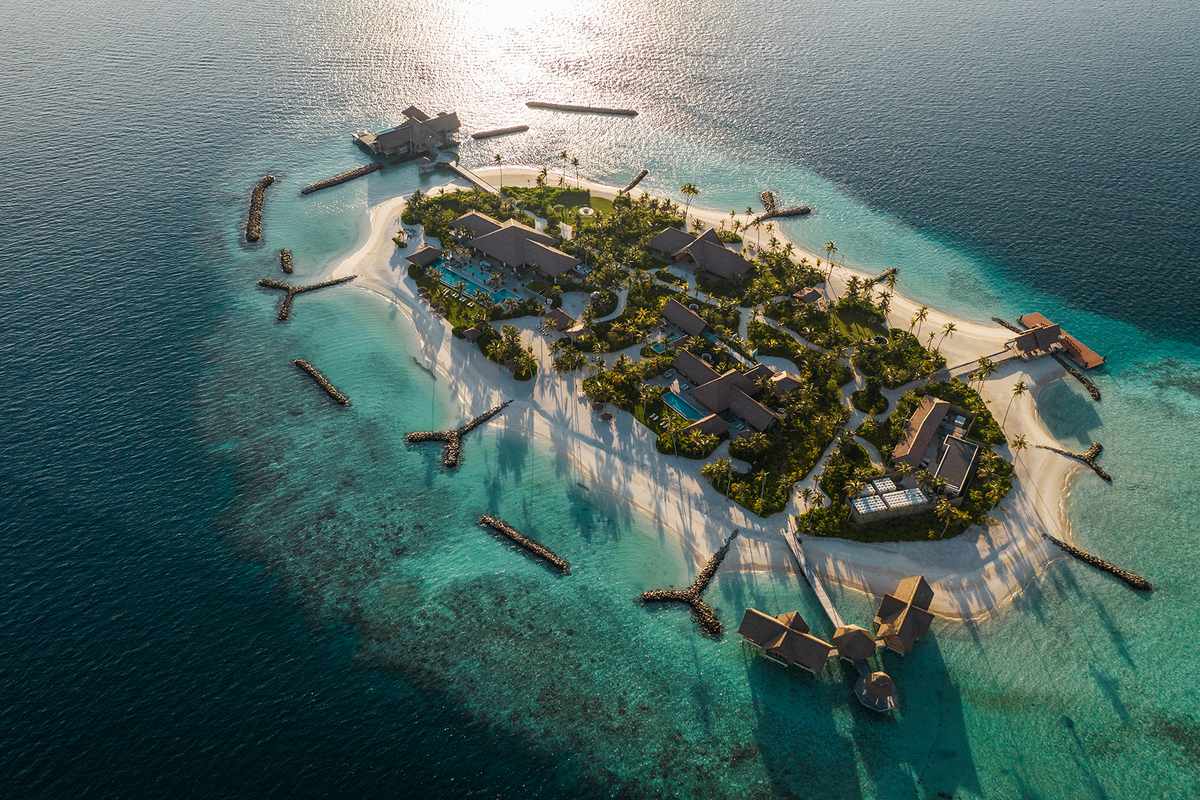 Aerial view of WA Maldives Ithaafushi The Private Island at Sunset