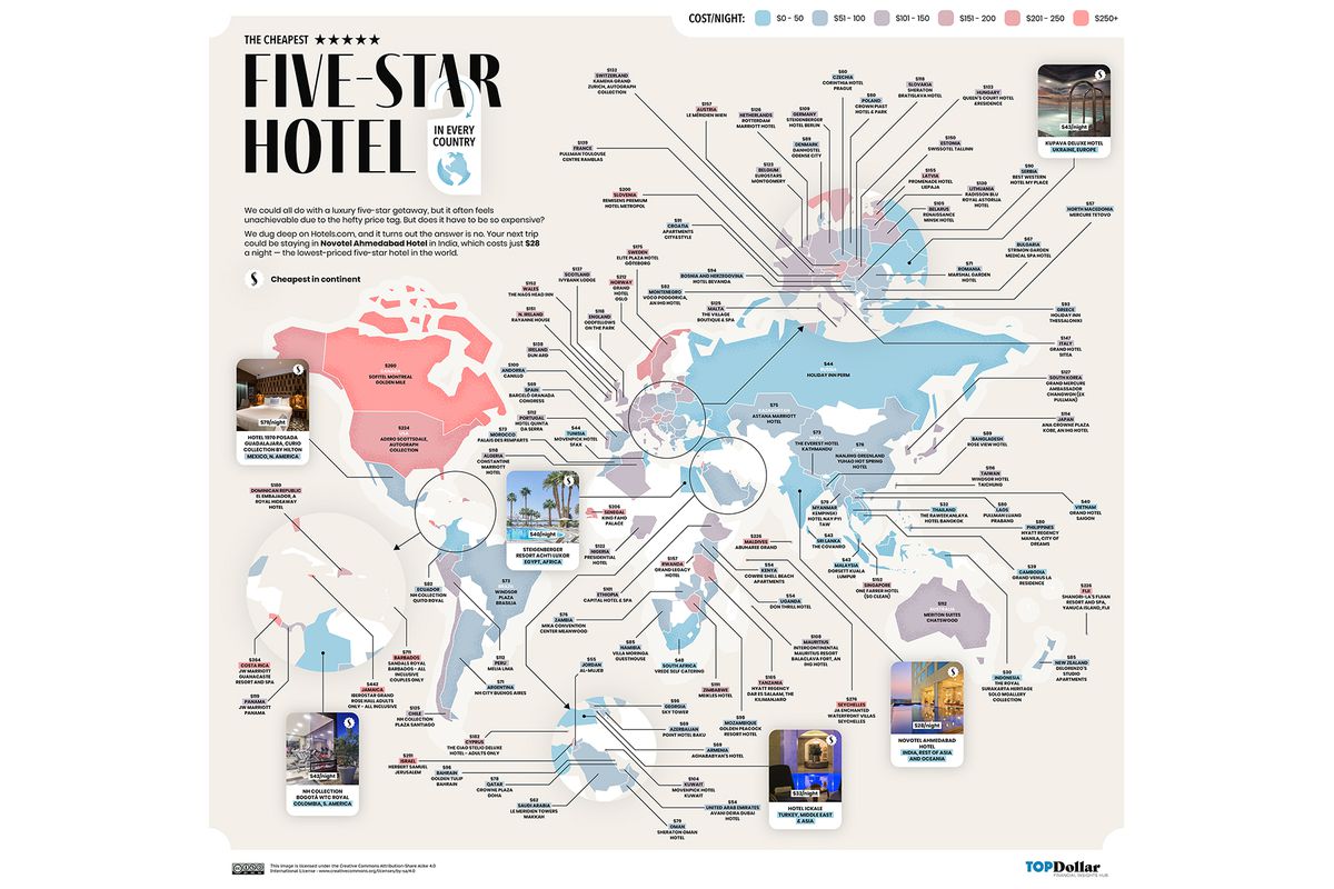 World Map of The Cheapest Five Star Hotel in Every Country