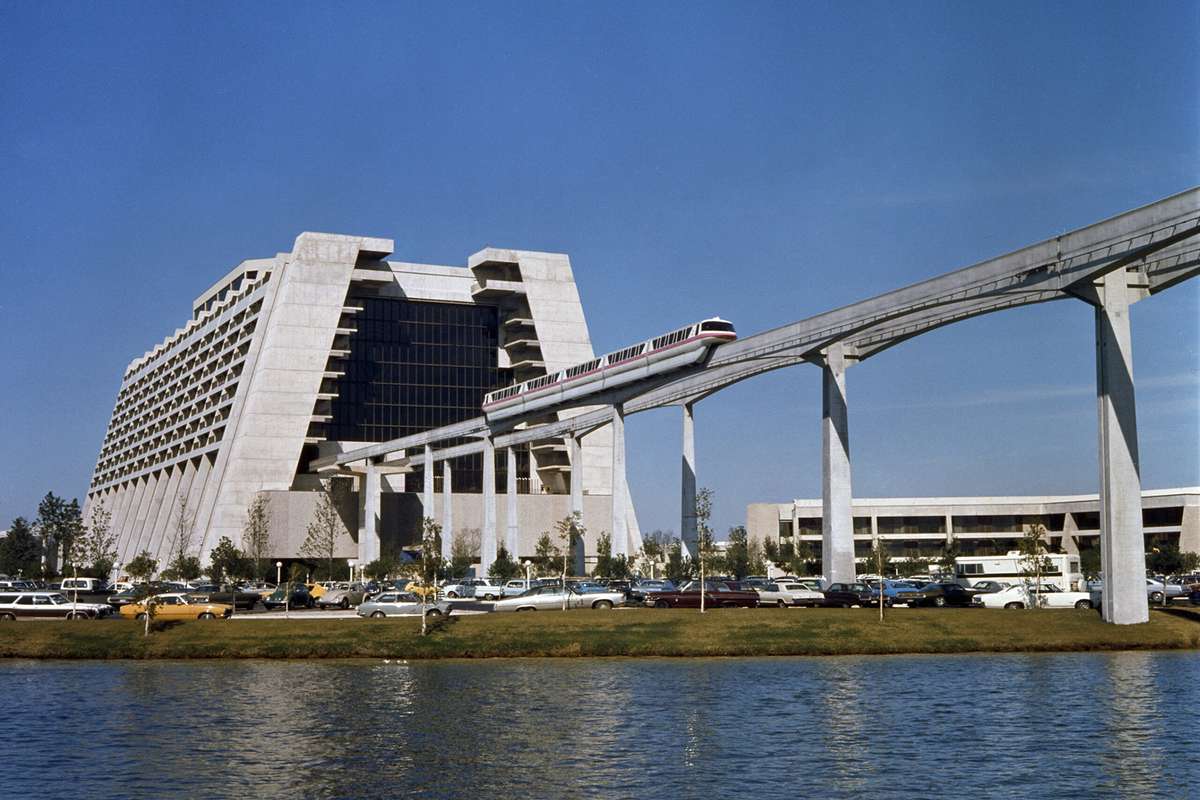 Disney’s Contemporary Resort and the Walt Disney World Monorail in 1975 at Walt Disney World Resort in Lake Buena Vista, Fla.