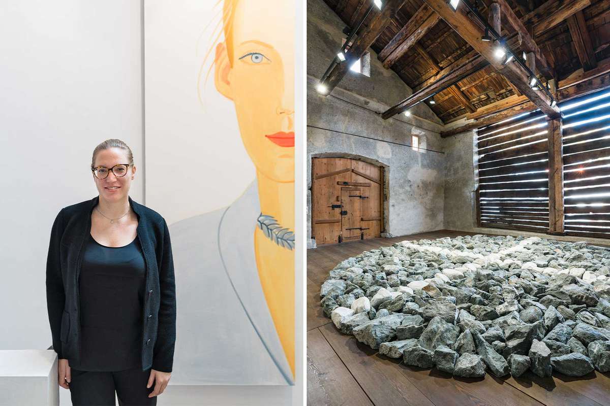 Scenes from two art galleries in Switzerland, including a portrait of a gallery manager, and an installation involving large stones places in a circular pile on the floor
