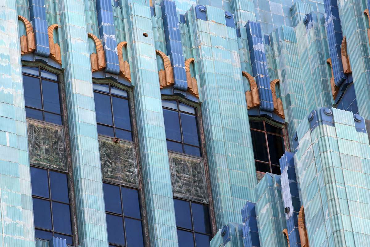 Detail exterior of Eastern Columbia Building in Los Angeles