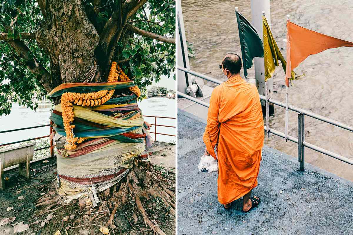 Scenes from Bangkok, including flower garlands on a tree trunk, and a monk in an orange robe waiting on a ferry