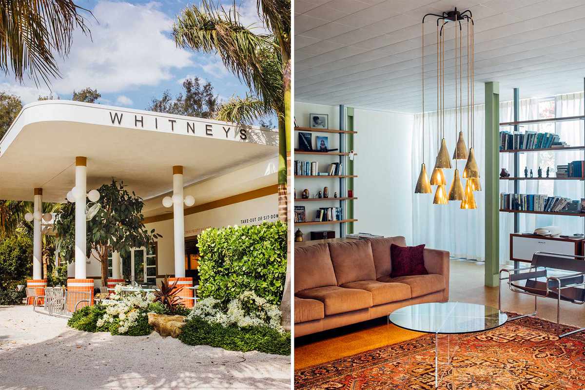 Two photos, one exterior and one interior, showing modernist architecture in Sarasota, Florida