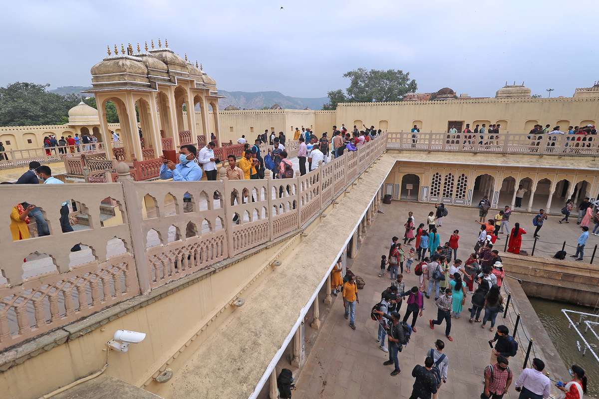 Visitors at historical Hawa Mahal on the occasion of World Tourism Day in Jaipur, Rajasthan, India
