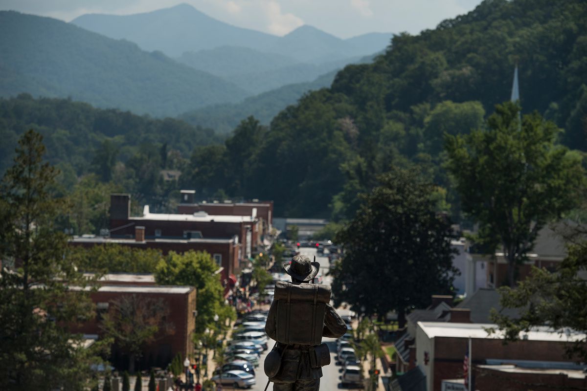 A statue of a confederate soldier overlooks the town of Sylva, N.C. o