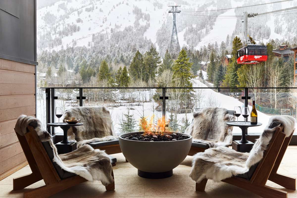 Caldera House's fire pit in the snowy ski season
