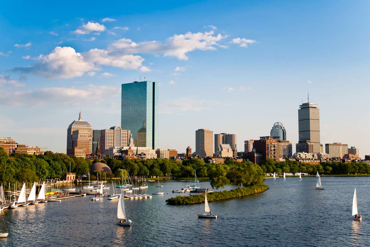 City of Boston and its skyline at dusk with Back bay.