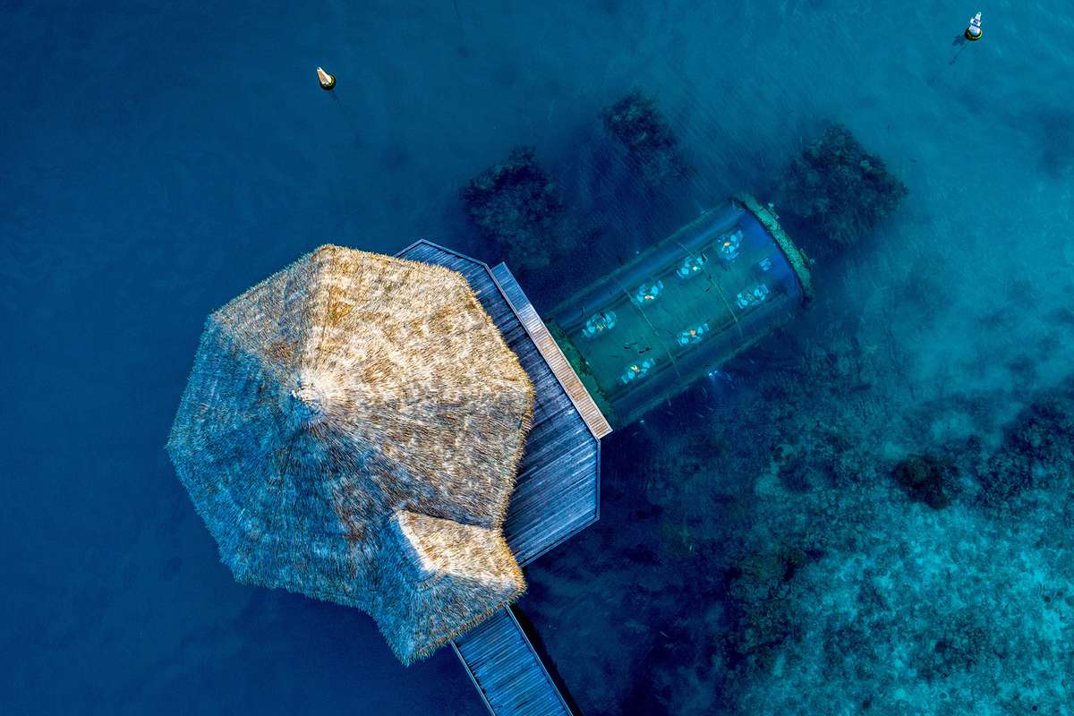 Aerial view of Ithaa Undersea Restaurant at Conrad Maldives Rangali Island