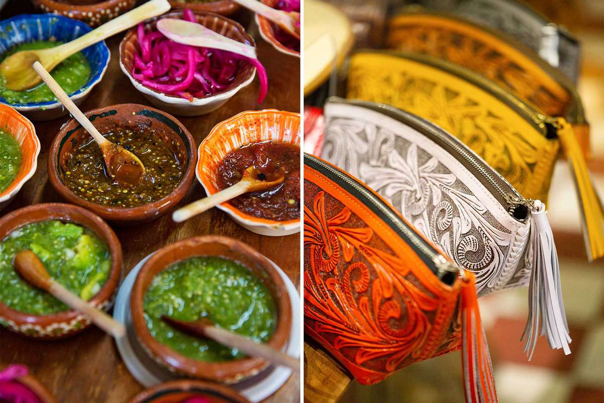 Two photos from Guadalajara, Mexico, showing homemade salsas and detail of tooled leather bags
