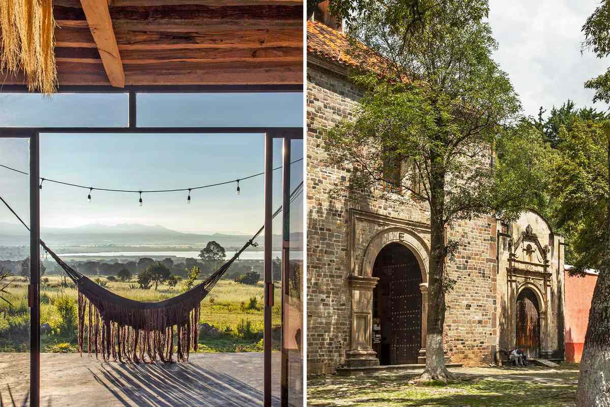 Two photos from Tlaxcala, Mexico. One shows a hammock and views at a hotel, and another shows a brick convent building from the 16th century