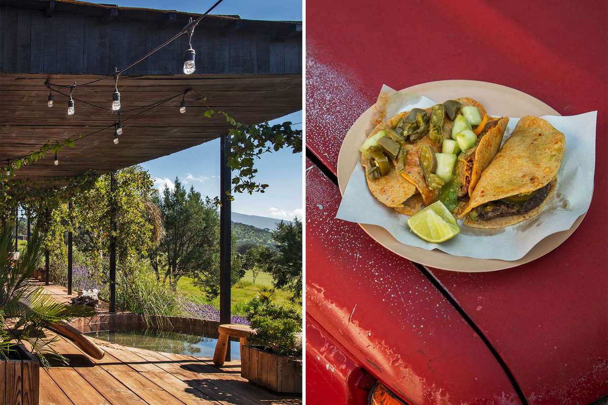 Two photos from Mexico. One shows an outdoor soaking tub at a Japan-inspired retreat, and the other shows a plate of tacos on the hood of a red truck