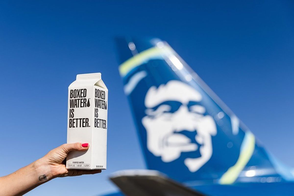 A boxed water outside an Alaska Airlines flight