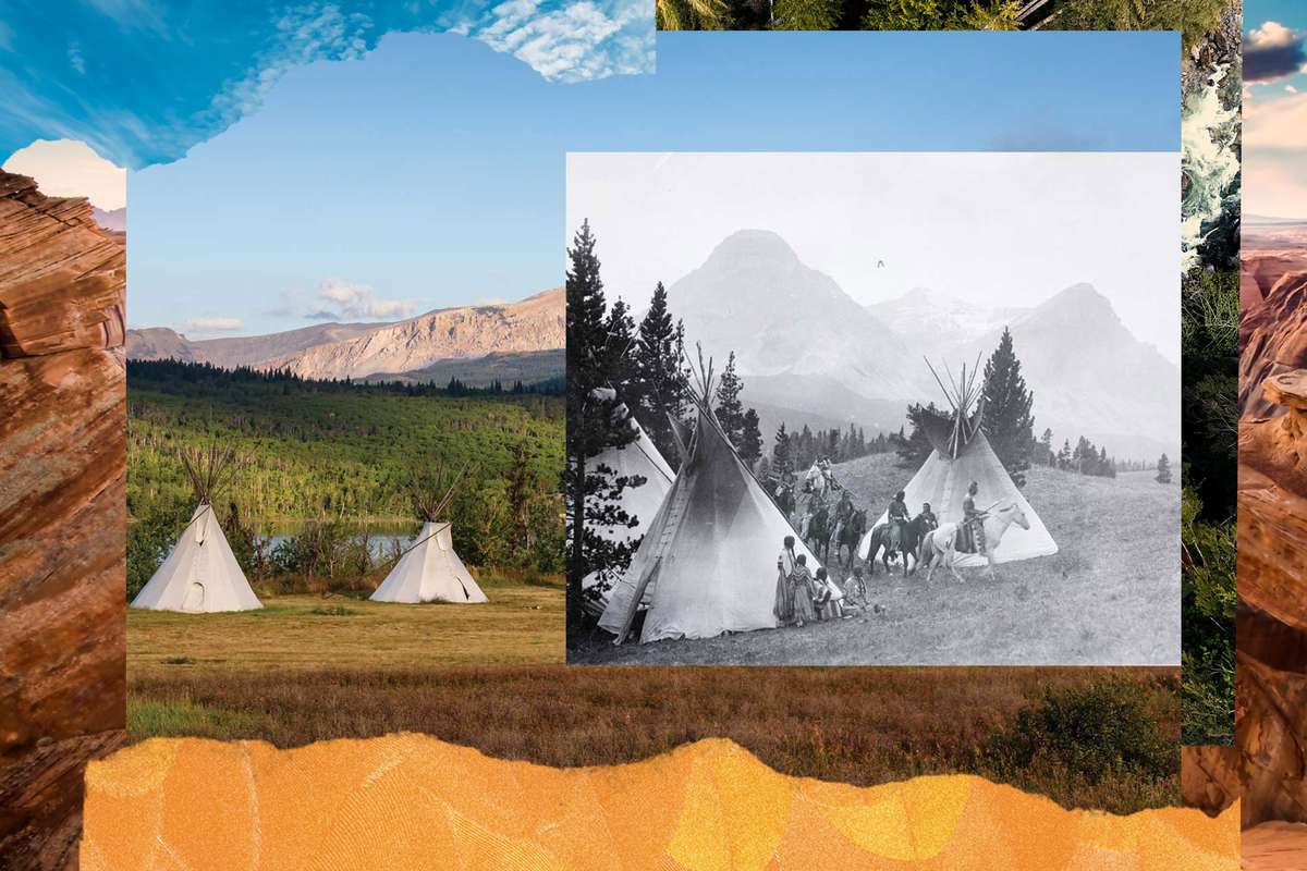 Color image of Glacier National Park with Tipis in foreground with an old photo overlayed to show how the Blackfeet tribe lived on the land